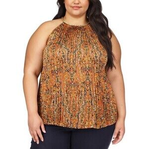 Michael Kors Women's Blouse Plus Size Pleated Printed Chain-Neck Top Brown 3X